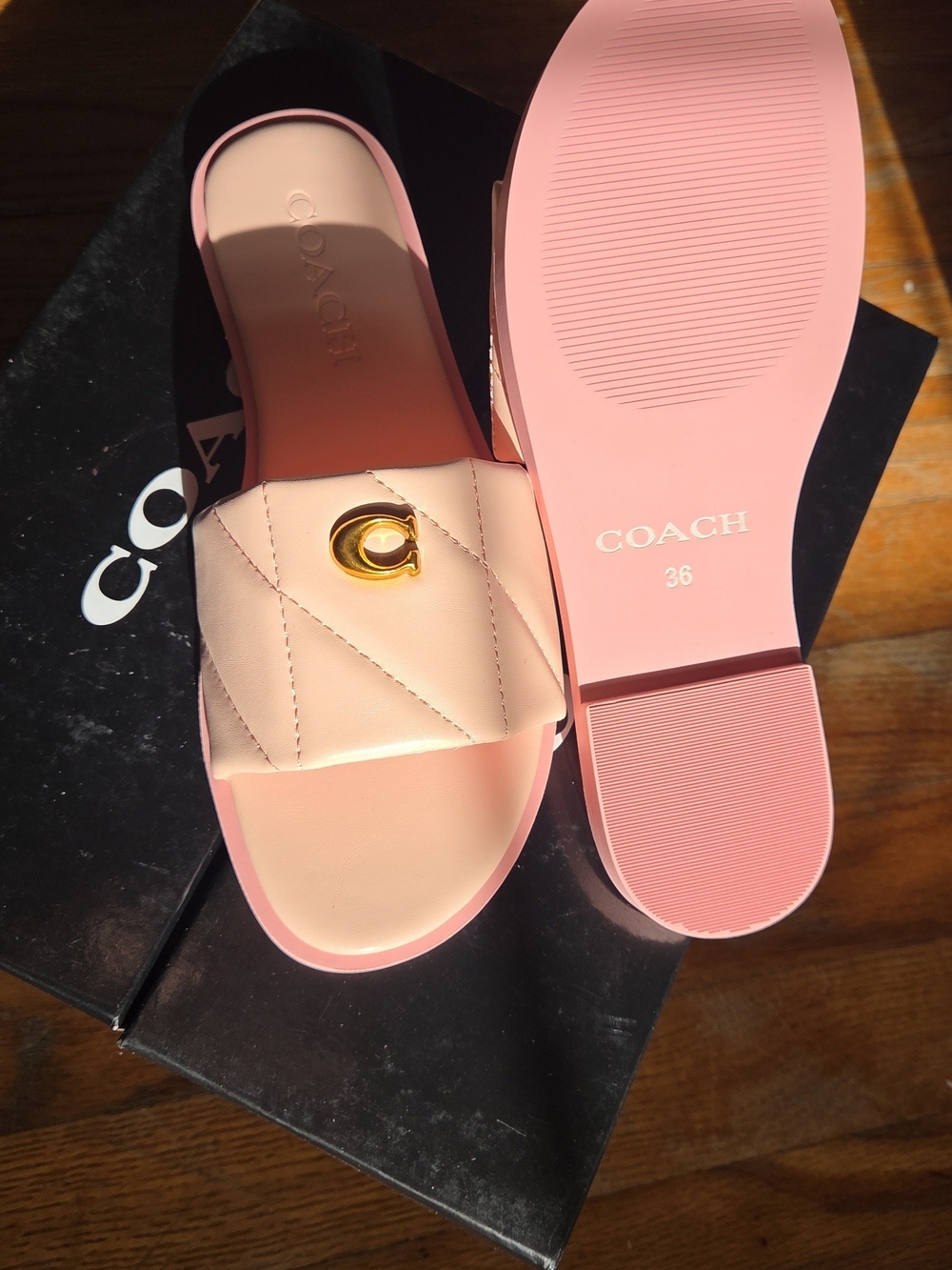 COACH Pink Quilted Slide Sandals with Gold 'C' Accent